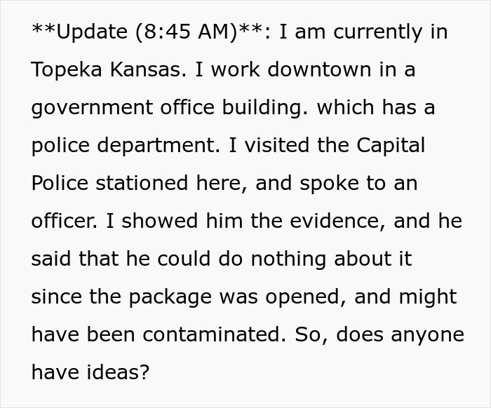 Text update mentioning a police visit and evidence discussion related to mother poisoned me concerns in Topeka Kansas. Text update mentioning a police visit and evidence discussion related to mother poisoned me concerns in Topeka Kansas.