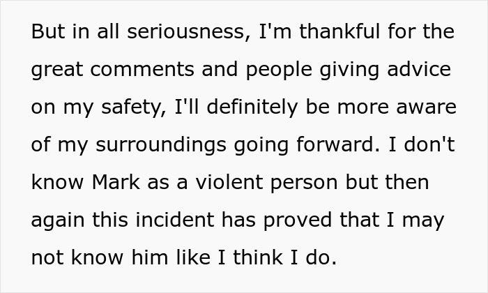 Text from a person reflecting on safety advice after a tense incident involving a tall guy and his old friend. Text from a person reflecting on safety advice after a tense incident involving a tall guy and his old friend.