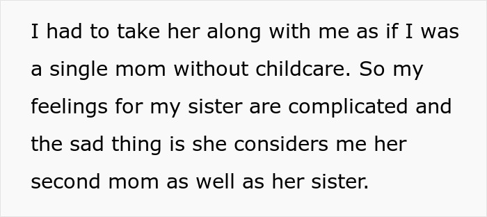Text image showing a 19-year-old forced to be a parent to her little sister, feeling irked about unequal expectations. Text image showing a 19-year-old forced to be a parent to her little sister, feeling irked about unequal expectations.