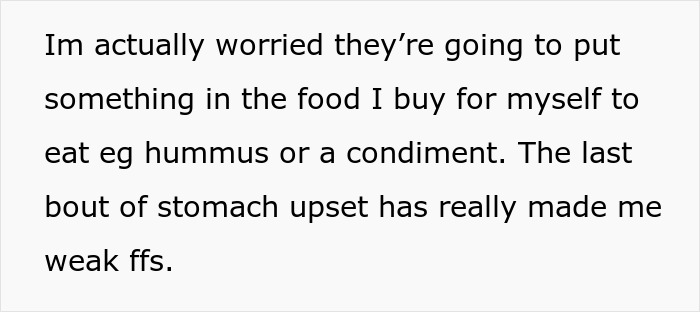 Text showing worry about parents' food causing stomach upset, reflecting fears of poisoning and health issues.