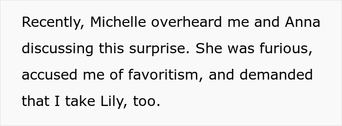 Text showing a sister accusing favoritism while discussing plans involving her nephew and niece, feeling upset. Text showing a sister accusing favoritism while discussing plans involving her nephew and niece, feeling upset.