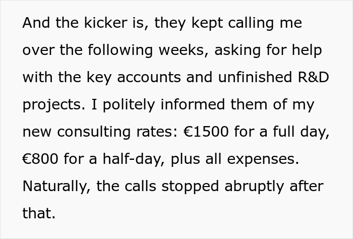 Text showing a former expensive employee explaining his pricey consulting rates for key accounts and unfinished R&D projects.