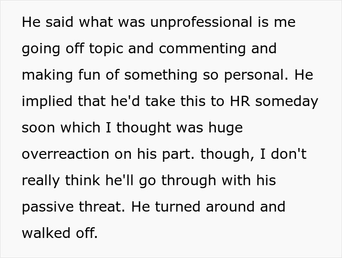 Text excerpt about workplace harassment where a coworker mocks colorful socks and mentions involving HR.
