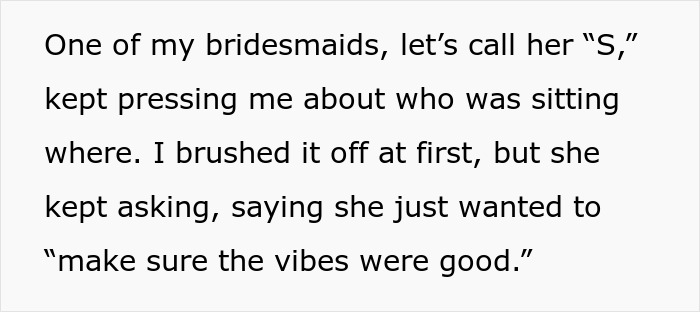 Text excerpt about bridesmaid pressing bride for wedding seating details, highlighting trust and loyalty issues. Text excerpt about bridesmaid pressing bride for wedding seating details, highlighting trust and loyalty issues.