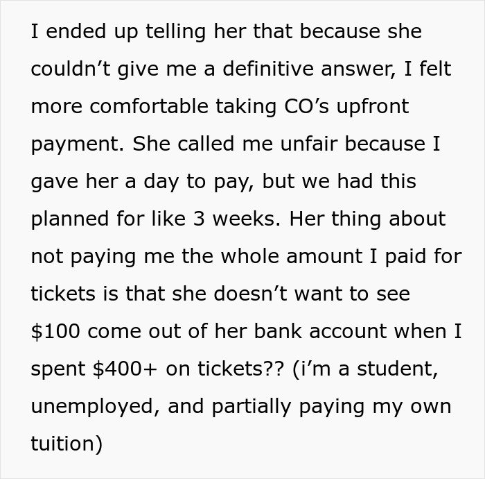 Woman refuses to wait for friend who won’t pay her back for tickets and considers selling the ticket instead Woman refuses to wait for friend who won’t pay her back for tickets and considers selling the ticket instead