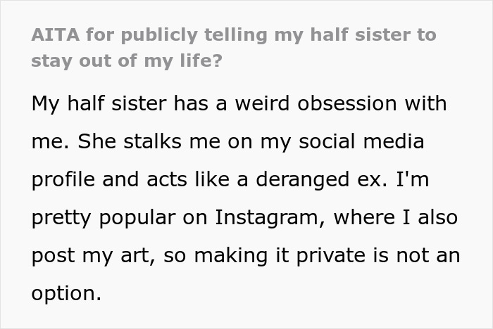 Text excerpt about a woman dealing with a stalker half-sister airing dirty laundry online and putting a stop to it. Text excerpt about a woman dealing with a stalker half-sister airing dirty laundry online and putting a stop to it.