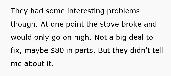 Text excerpt describing tenant problems with a broken stove, relating to landlord and horrible tenants situation. Text excerpt describing tenant problems with a broken stove, relating to landlord and horrible tenants situation.