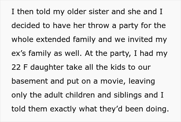 Text excerpt about a woman confronting family, revealing her mom's 22-year affair with her husband. Text excerpt about a woman confronting family, revealing her mom's 22-year affair with her husband.