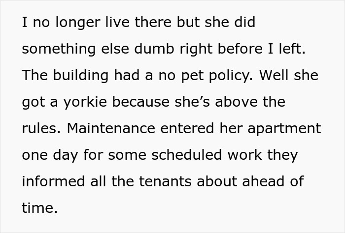 Text excerpt describing neighbor’s rule-breaking with a dog in a no-pet policy building. Text excerpt describing neighbor’s rule-breaking with a dog in a no-pet policy building.