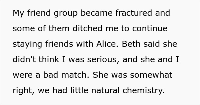 Text excerpt about a fractured friend group, emphasizing a man choosing a wife with brains instead of heart. Text excerpt about a fractured friend group, emphasizing a man choosing a wife with brains instead of heart.