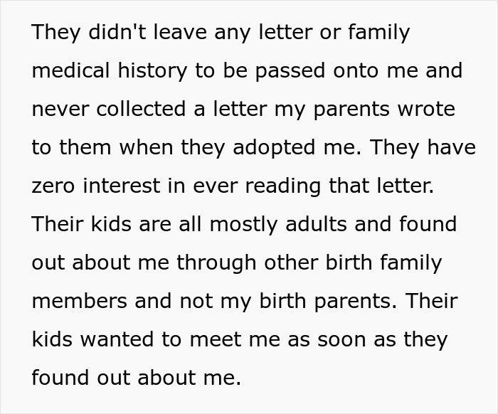 Text excerpt about man’s birth family tracking him down after abandoning him, revealing no family history or letters were left behind. Text excerpt about man’s birth family tracking him down after abandoning him, revealing no family history or letters were left behind.