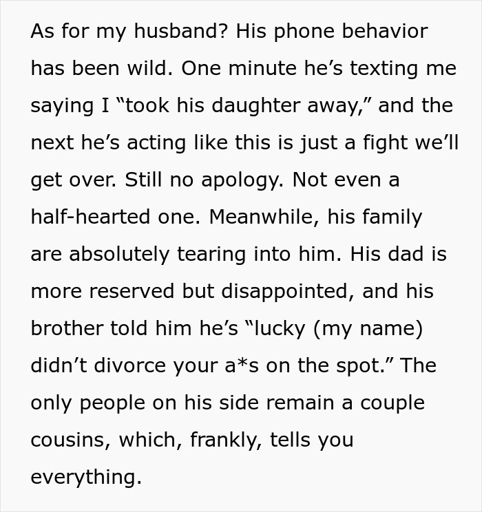 Text excerpt showing a husband’s erratic phone behavior and family reactions after being called out by his pregnant wife. Text excerpt showing a husband’s erratic phone behavior and family reactions after being called out by his pregnant wife.