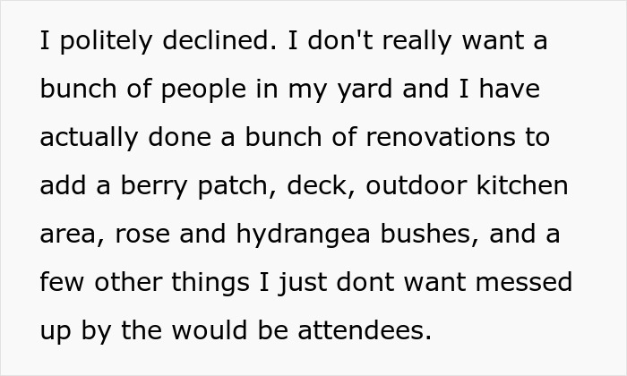 Text excerpt showing a woman’s refusal to allow a stranger’s wedding in her backyard due to renovations and privacy concerns.