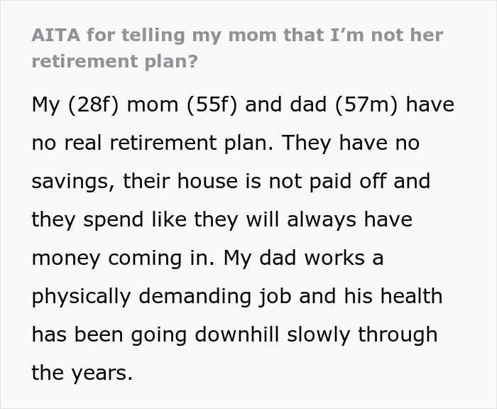 Text excerpt from an online forum post about a mom retirement plan and family financial struggles. Text excerpt from an online forum post about a mom retirement plan and family financial struggles.