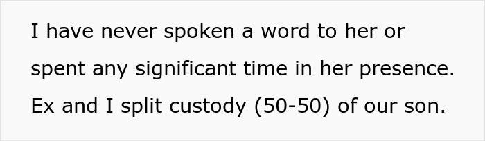 Text excerpt discussing custody arrangement where exes split 50-50 custody of their son, highlighting conflict over affair kid. Text excerpt discussing custody arrangement where exes split 50-50 custody of their son, highlighting conflict over affair kid.