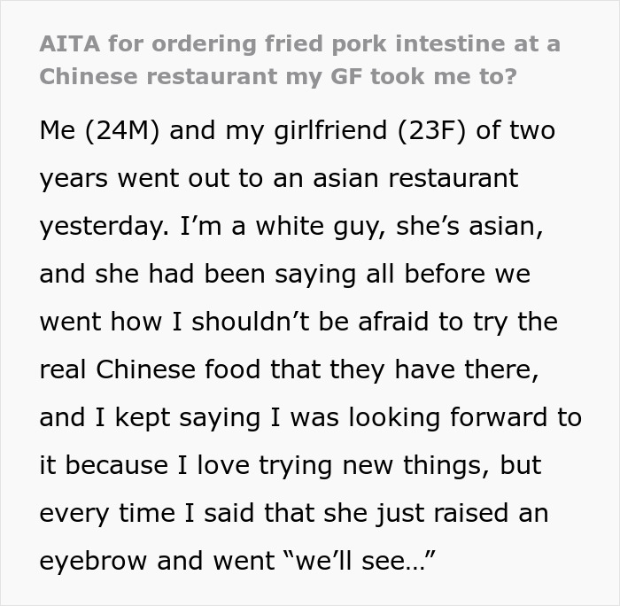 Text excerpt about ordering fried pork intestine at an Asian restaurant including a couple’s dining experience and cultural food advice. Text excerpt about ordering fried pork intestine at an Asian restaurant including a couple’s dining experience and cultural food advice.