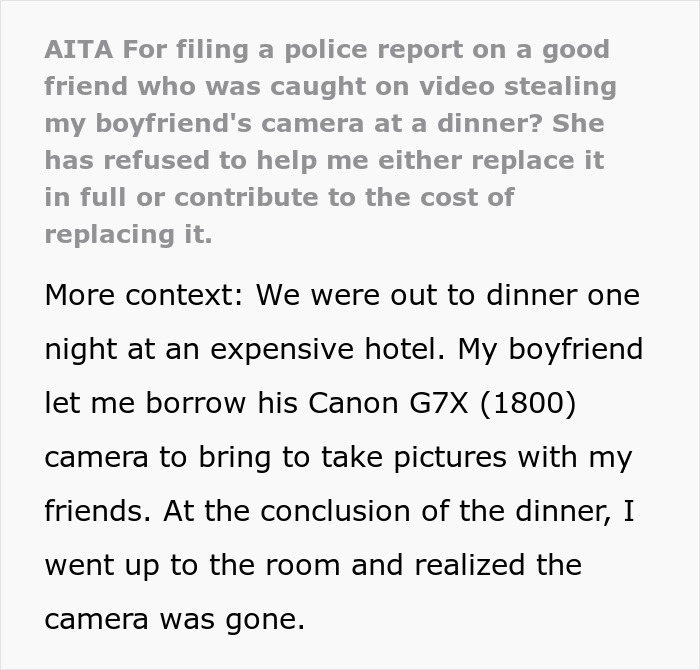 Alt text: Man catches friend stealing boyfriend’s camera at dinner, confronts her to reveal her true colors and refusal to replace it. Alt text: Man catches friend stealing boyfriend’s camera at dinner, confronts her to reveal her true colors and refusal to replace it.
