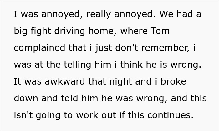 Text excerpt describing a fight where a guy is convinced about taking an art class with his girlfriend, who has no memory of it. Text excerpt describing a fight where a guy is convinced about taking an art class with his girlfriend, who has no memory of it.