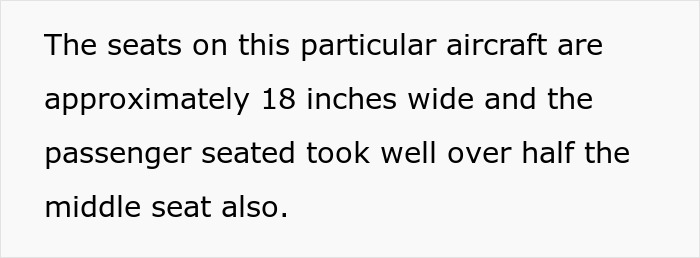Text discussing aircraft seats being 18 inches wide and a passenger occupying more than half of the middle seat on a flight attendant blog. Text discussing aircraft seats being 18 inches wide and a passenger occupying more than half of the middle seat on a flight attendant blog.
