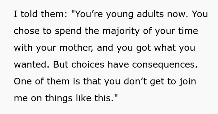 Alt text: Dad irked that teens prefer ex over him, refusing to take them on a Europe trip due to their choices and consequences.
