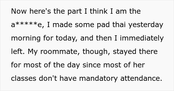 Text excerpt showing someone admitting to stealing pad thai made by roommate, highlighting a serial food thief with peanut allergy incident. Text excerpt showing someone admitting to stealing pad thai made by roommate, highlighting a serial food thief with peanut allergy incident.
