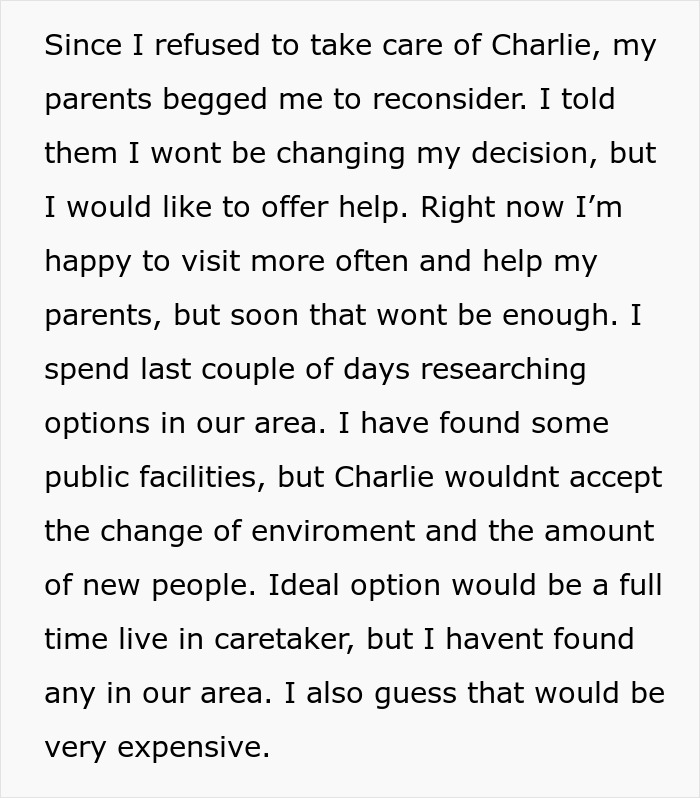 Text discussing parents expecting son to care for autistic brother and son's refusal to give up life. Text discussing parents expecting son to care for autistic brother and son's refusal to give up life.