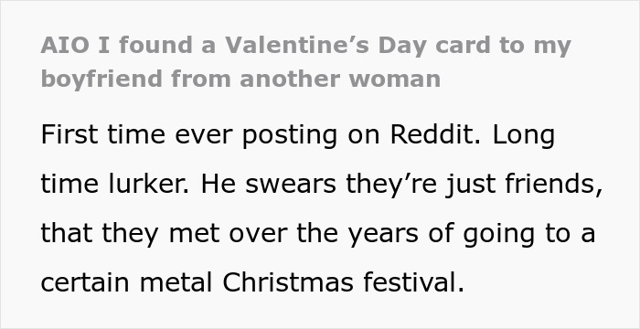 Text excerpt about finding a Valentine card from another woman, shared in an online post describing relationship concerns. Text excerpt about finding a Valentine card from another woman, shared in an online post describing relationship concerns.
