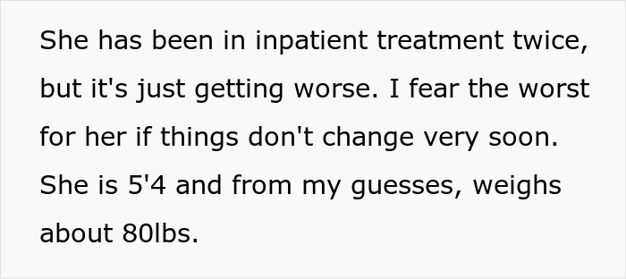 Text excerpt discussing worsening eating disorder symptoms, including height and weight details for context. Text excerpt discussing worsening eating disorder symptoms, including height and weight details for context.