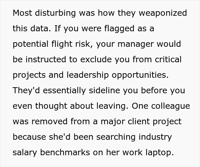 Text describing corporate spying on staff leading to employees being sidelined at work and excluded from key projects.