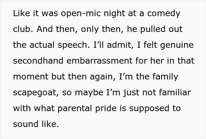 Text about feeling secondhand embarrassment for a bride exposing family favoritism during a wedding speech. Text about feeling secondhand embarrassment for a bride exposing family favoritism during a wedding speech.