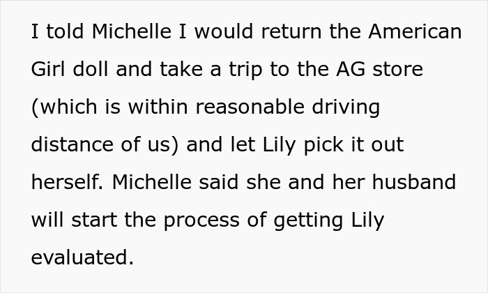 Text discussing a sister who accuses favoring nephew and niece while planning a trip to an American Girl store. Text discussing a sister who accuses favoring nephew and niece while planning a trip to an American Girl store.