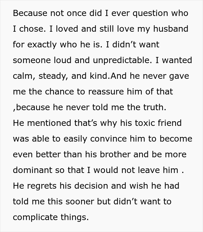 Text about husband’s regret and a toxic friend’s influence in a story involving man jokes and his twin brother’s offer. Text about husband’s regret and a toxic friend’s influence in a story involving man jokes and his twin brother’s offer.