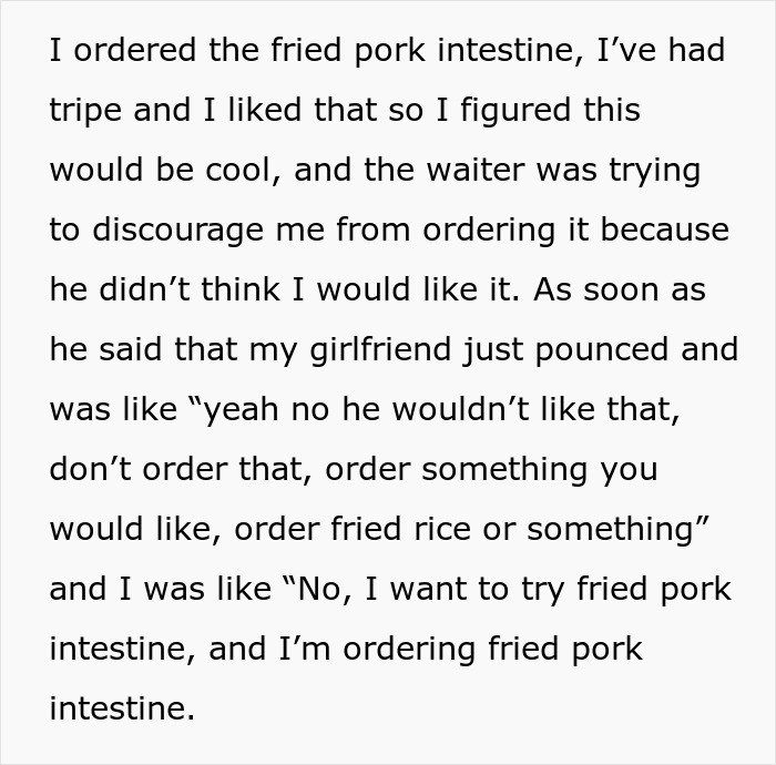 Person insisting on ordering fried pork intestine despite waiter and girlfriend's discouragement at a restaurant. Person insisting on ordering fried pork intestine despite waiter and girlfriend's discouragement at a restaurant.