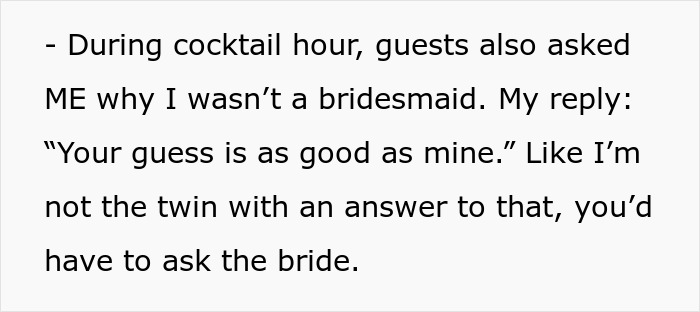 Alt text: Bride tries to erase twin from wedding, revealing family favoritism and tension during cocktail hour conversation. Alt text: Bride tries to erase twin from wedding, revealing family favoritism and tension during cocktail hour conversation.