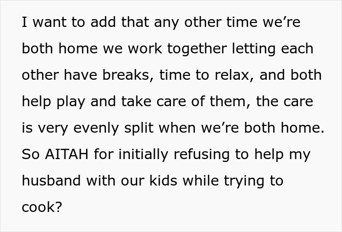 Text excerpt about a wife asking husband to watch kids for 30 minutes while she cooks, sparking conflict. Text excerpt about a wife asking husband to watch kids for 30 minutes while she cooks, sparking conflict.