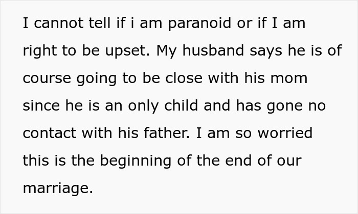 Text excerpt expressing worry about husband prioritizing closeness with mom over marriage, involving luxury vehicle plans. Text excerpt expressing worry about husband prioritizing closeness with mom over marriage, involving luxury vehicle plans.