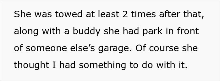 Text excerpt describing a man towing an entitled neighbor's car multiple times after repeated blocking incidents. Text excerpt describing a man towing an entitled neighbor's car multiple times after repeated blocking incidents.