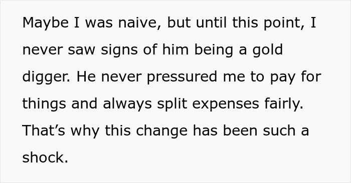 Text excerpt discussing a man insisting on 50/50 house ownership, leading to his fiancée ending the relationship. Text excerpt discussing a man insisting on 50/50 house ownership, leading to his fiancée ending the relationship.