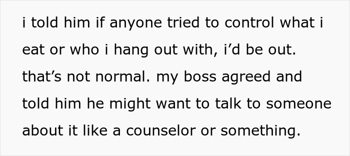 Text excerpt showing a 23-year-old confronting a married coworker about controlling behavior and fearing it led to divorce.