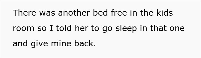 Text on screen discussing a kid sleeping in a roommate’s bed and being asked to use another empty bed instead. Text on screen discussing a kid sleeping in a roommate’s bed and being asked to use another empty bed instead.