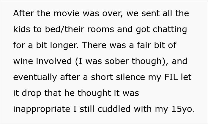 Text excerpt discussing in-laws accusing a father of crossing limits after cuddling his 15-year-old child. Text excerpt discussing in-laws accusing a father of crossing limits after cuddling his 15-year-old child.