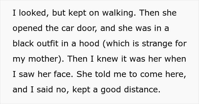Person in a black hooded outfit approaching a car door while another person keeps a safe distance in a tense moment mother-poisoned-me Person in a black hooded outfit approaching a car door while another person keeps a safe distance in a tense moment mother-poisoned-me