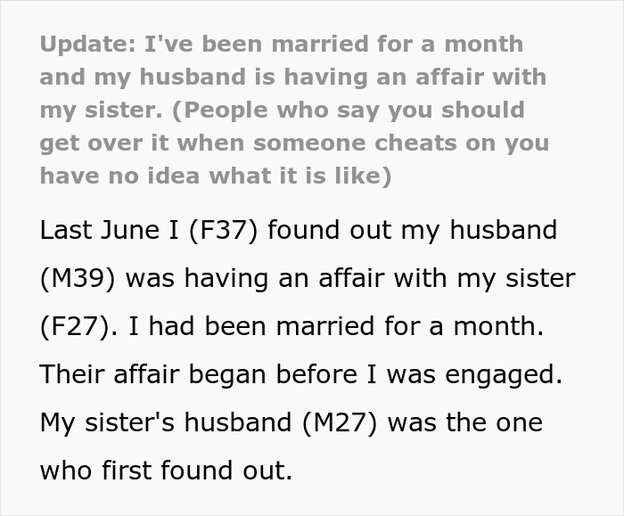 Text post revealing a woman's world crumbles after husband's dark secret of affair is revealed one month into marriage.