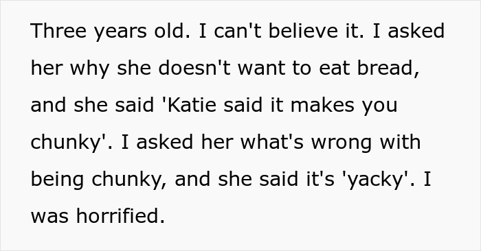 Text excerpt showing a dad horrified as little girl copies ex’s eating disorder comments about bread being yucky at three years old. Text excerpt showing a dad horrified as little girl copies ex’s eating disorder comments about bread being yucky at three years old.