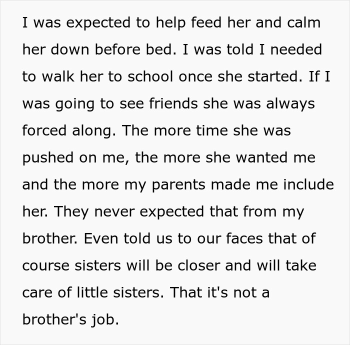 Text excerpt discussing a 19-year-old forced to be a parent to little sister, unlike her brother who is not expected to help. Text excerpt discussing a 19-year-old forced to be a parent to little sister, unlike her brother who is not expected to help.