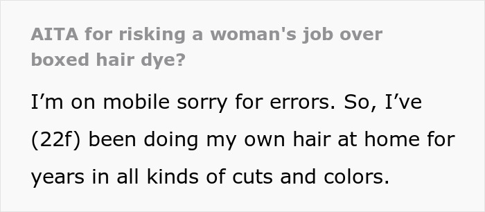 Text post discussing a woman’s experience with a rude salon employee refusing to sell boxed hair dye. Text post discussing a woman’s experience with a rude salon employee refusing to sell boxed hair dye.