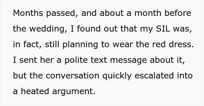 Text excerpt describing a tense argument about the sister-in-law planning to wear a red dress at the wedding. Text excerpt describing a tense argument about the sister-in-law planning to wear a red dress at the wedding.