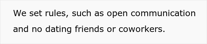 Text image discussing rules for open communication and no dating friends or coworkers in an open marriage context. Text image discussing rules for open communication and no dating friends or coworkers in an open marriage context.