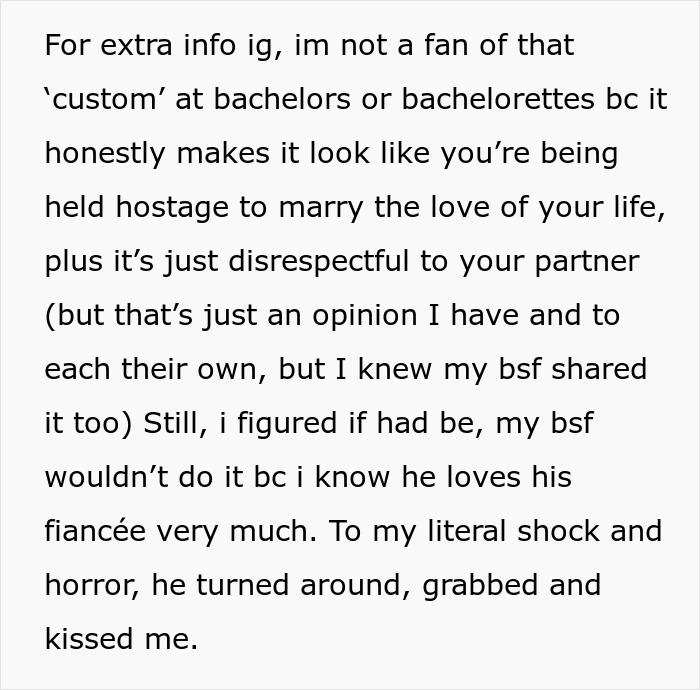 Text excerpt discussing a groom kissing his best friend at a bachelor party and the bride’s reaction to the secret. Text excerpt discussing a groom kissing his best friend at a bachelor party and the bride’s reaction to the secret.