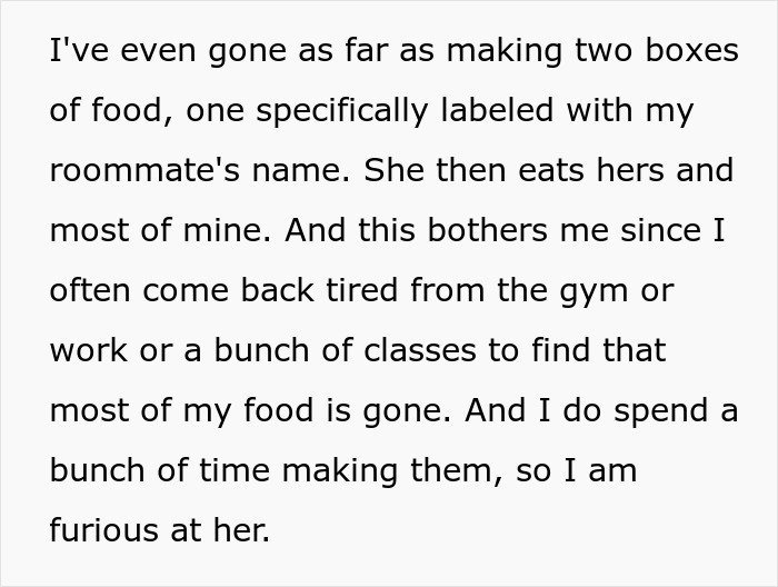 Text excerpt explaining frustration over roommate stealing food despite labels, related to serial food thief and peanut allergy incident. Text excerpt explaining frustration over roommate stealing food despite labels, related to serial food thief and peanut allergy incident.